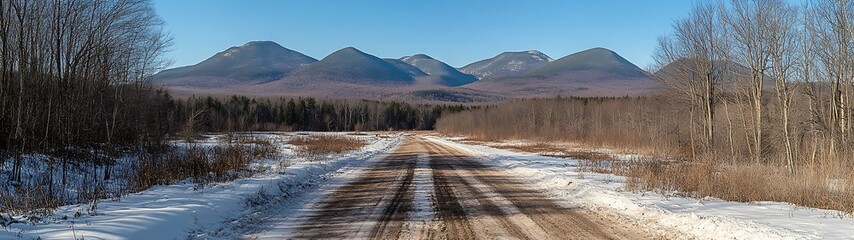 A snow covered dirt road leads toward mountains afar