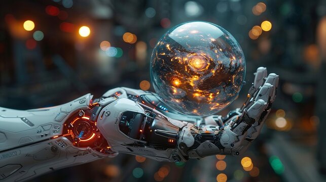 Hyperdetailed Robotic Hand Holding A Holographic Planet SciFi Futuristic Design