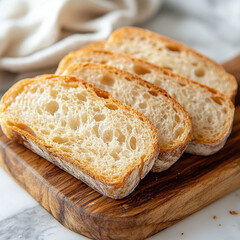 Naklejka premium Freshly sliced artisan bread on a wooden cutting board