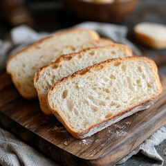 Freshly baked bread slices on a wooden cutting board