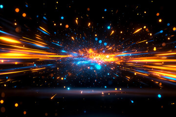Fototapeta premium Cascade of Flowing Light Particles Zipping Through an Abstract Space with Bright Streaks of Yellow and Blue, Illustrating a Fast-Paced, High-Energy Environment