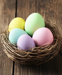 Obraz premium A close-up view of a nest containing four vibrant, colorful eggs, showcasing nature's beauty and intricate details of avian life.