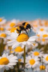 Obraz premium A close-up of a bee perched on a white daisy flower, surrounded by a field of daisies under a clear blue sky