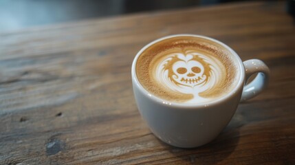 Skull latte art in a white cup on wooden table.
