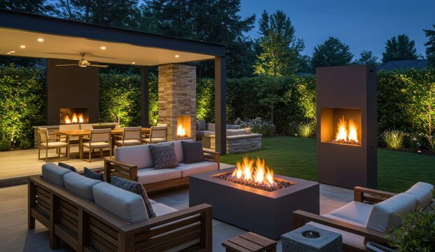 Elegant outdoor living space with fire features at dusk,