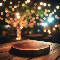 wooden table, night view, blurred bokeh lights background