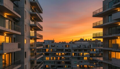Obraz premium Modern apartment buildings at sunset with beautiful orange sky,