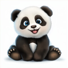 Cute illustrated panda cub with a cheerful expression sitting on a white background