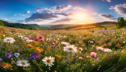 meadow wildflowers exude a natural and uncontrolled beauty representing a vast expanse of blooming flowers that gently move with wind capturing carefree essence of meadow