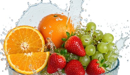 A vibrant splash of water over fresh orange, strawberries and green grapes,