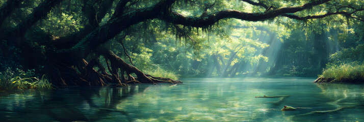 Mystical Tranquil Wetland: A Journey Through the Whispering Waters of a Verdant Swamp Oasis