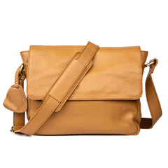 Casual light brown leather shoulder bag isolated on white background, perfect for leather product catalog design