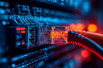 Network cable is being plugged into a server in a data center, with bright lights creating a dynamic environment during late evening hours Generative AI