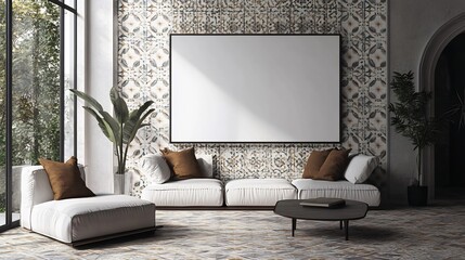 Aerial perspective of minimalist living space with patterned tiles and blank wall art