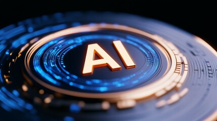 Blue neon AI lettering on futuristic circuit button with integrated circuitry and light glow aesthetic forming a tech background concept illustration for smart learning systems