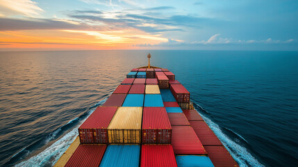 a cargo ship sailing on the open sea, loaded with containers, heavy duty maritime transport, vast ocean expanse, professional photo
