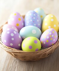 Fototapeta premium A vibrant close-up of a basket brimming with beautifully painted eggs in various colors, showcasing artistic designs and festive spirit.