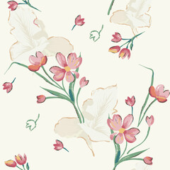The image is a seamless pattern with a variety of colorful  The background is a light color with a subtle texture. The flowers are in different shades with some having a darker shade  and others havin