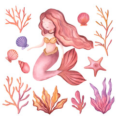Little mermaid with wavy hair in pink colors with seashells, starfish and seaweed. Watercolor hand painted illustration. Isolated elements on a white background. For birthday decoration, textile.