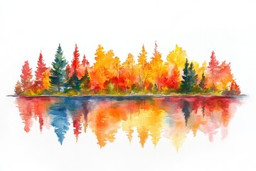 hand drawn watercolor painting of autumn lake. landscape painting with cabin by the lake, clear water, reflection, colorful autumn trees, forest, fall scenery, mountain background and blue sky. MZ 