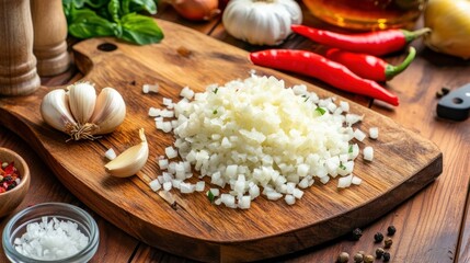 Freshly Chopped Onions on Wooden Cutting Board with Garlic Peppers and Herbs for Cooking Prep