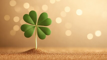 Green four leaf clover grows from golden sand