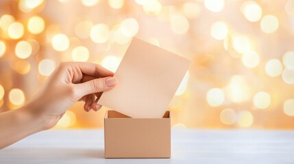 A hand places a blank card into a box