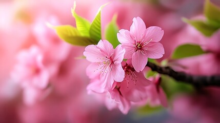 Fototapeta premium Close up of a pink flower with green leaves. The flower is in full bloom and the colors are vibrant. Concept of beauty and freshness, as well as the fleeting nature of life