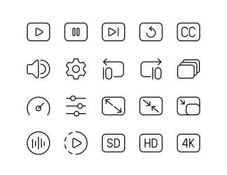 Video Player UI Vector Icon Set | Adjustable Line Weight | Play, pause, rewind, fast forward, subtitles, volume, HD, 4K, fullscreen, settings, streaming, multimedia, playback control icons
