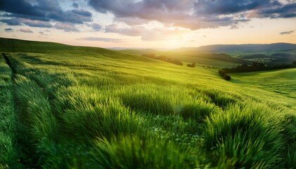 Fototapeta premium resplendent and verdant splendor of a meadow adorned with emerald blades, conjuring sensations of invigoration, vitality, and pure delights bestowed by natural world