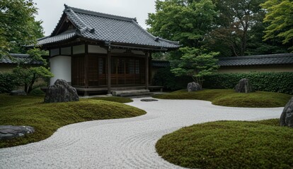 A tranquil Japanese Zen garden with raked gravel and a temple,