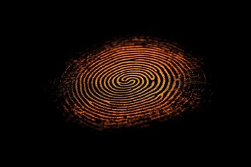 Detailed fingerprint pattern is displayed with glowing lines on a dark background, showcasing scanner authentication technology in action Generative AI