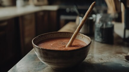 Hearty Tomato Soup with Crusty Breadstick in Rustic Bowl Perfect for Culinary and Lifestyle Ph
