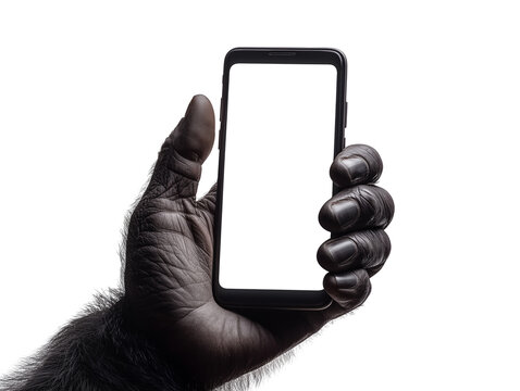 Close view of a gorilla's hand holding a smartphone, highlighting the intricate details of the fur and skin. The unusual scenario captivates with its raw and natural elements.
