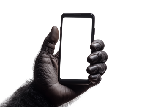 Close view of a gorilla's hand holding a smartphone, highlighting the intricate details of the fur and skin. The unusual scenario captivates with its raw and natural elements.