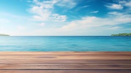 Wood table top on blur beach background