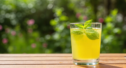 Refreshing lemon drink with mint on wooden table against a blurred green garden background
