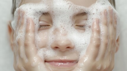 Fototapeta premium Child washing face with soap foam
