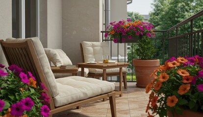 Fototapeta premium Serene balcony scene with flowers and furniture,