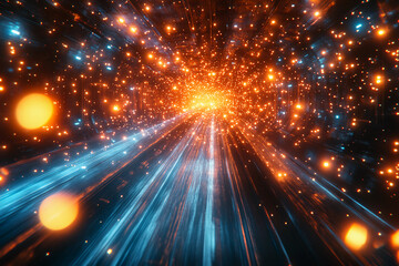 Fototapeta premium Abstract Visual of Glowing Energy Spheres Leaving Rapid Motion Trails in Cyan, White, and Orange Across a Futuristic Background, High Speed Concept