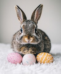A small rabbit rests beside a collection of vibrant, colorful eggs, showcasing a delightful scene filled with springtime charm and festive spirit.
