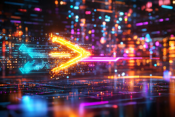 Fototapeta premium Abstract Luminous Arrows of Glowing Energy in Neon Green and Electric Blue Symbolizing Rapid Forward Movement Against a Dark Modern Backdrop