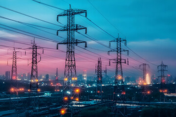 Power lines over city at dusk with colorful sky