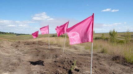 Pink flags marking a path through a field