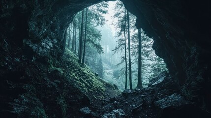 Misty cave opening to a forest with sunlight filtering through