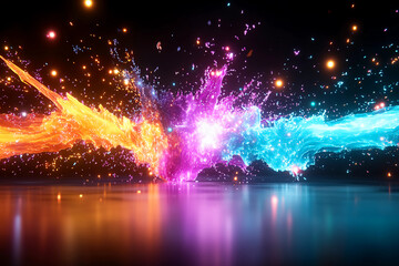 Abstract Visualization of Sound Waves Traveling at High Speed with Glowing Orange, Pink, and Teal Lines Radiating Outward Against a Dark Background, High Energy