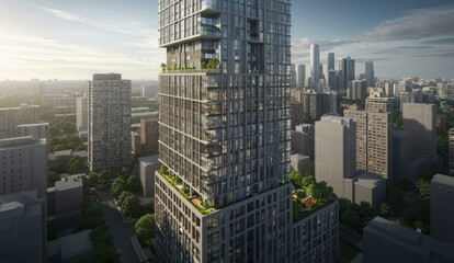 Modern skyscraper with rooftop garden, city skyline backdrop,