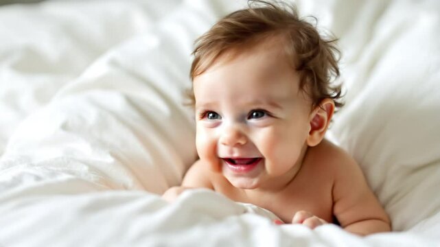 Cute happy little baby laughing and playing with white bedsheet