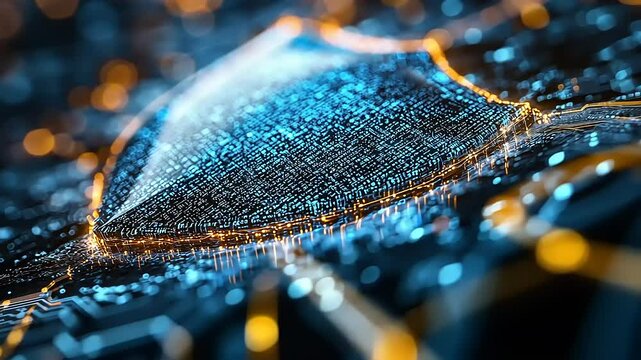 Abstract representation of digital security with glowing shield and binary code in a futuristic setting