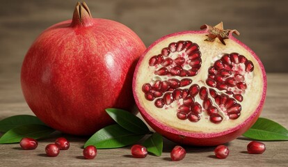 Pomegranate close-up: a whole one & half on wood,